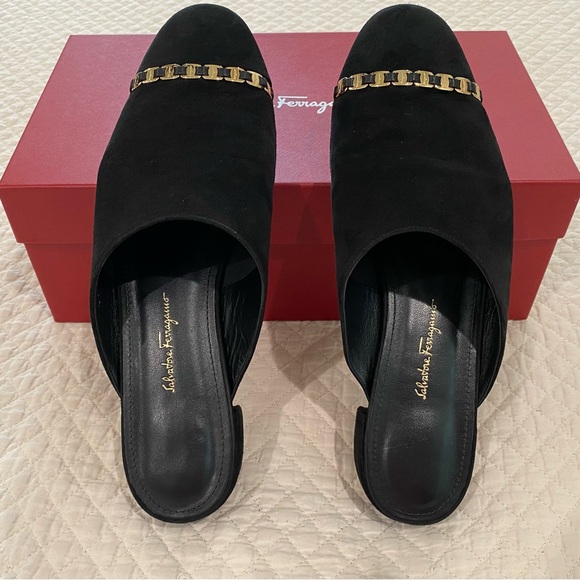 Salvatore Ferragamo Black Suede Muggia Slip-on Mules with Chain Logo Detail 8C - Picture 5 of 13